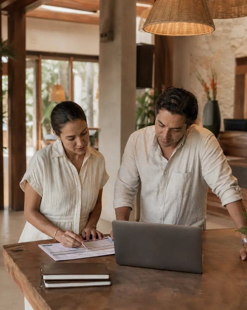Recepción de un hotel boutique, el equipo con el dueño